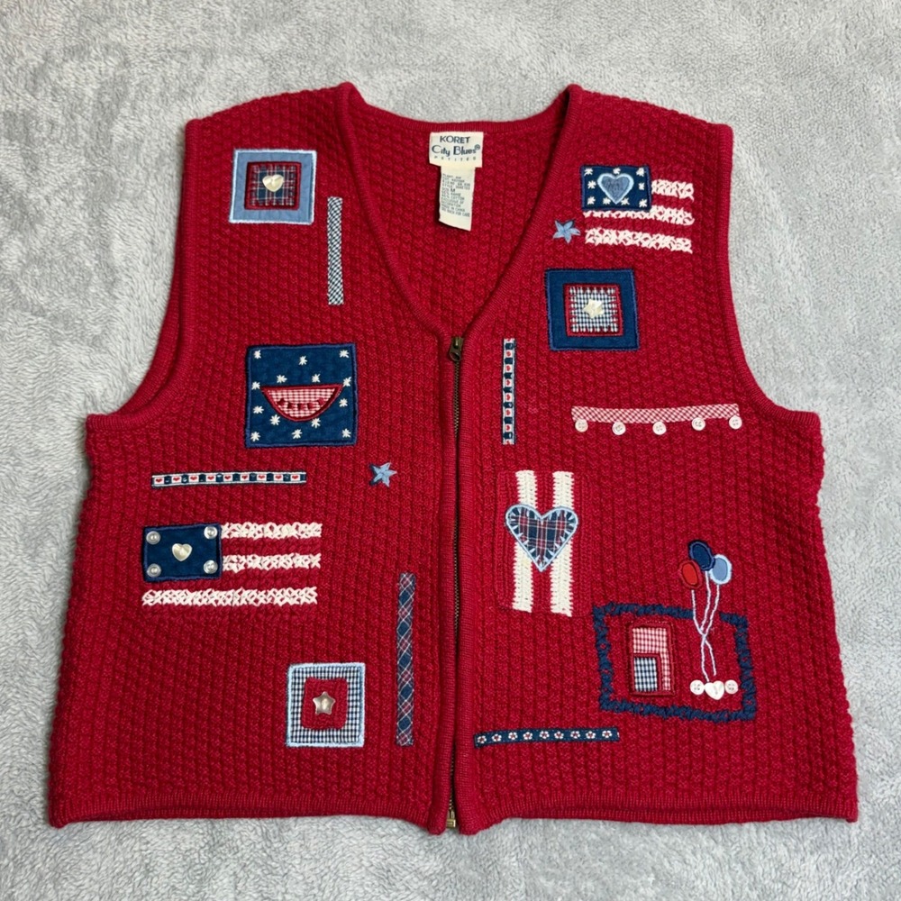 Koret City Blues Sweater Vest Womens M Red Americana Patriotic Patchwork Zip Up